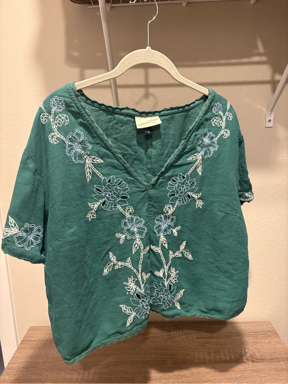 Universal Thread Teal Embroidered V-Neck Linen-Blend Top